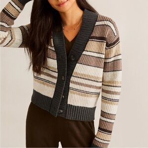 Striped Cardigan Sweater - Gray, Brown, Cream